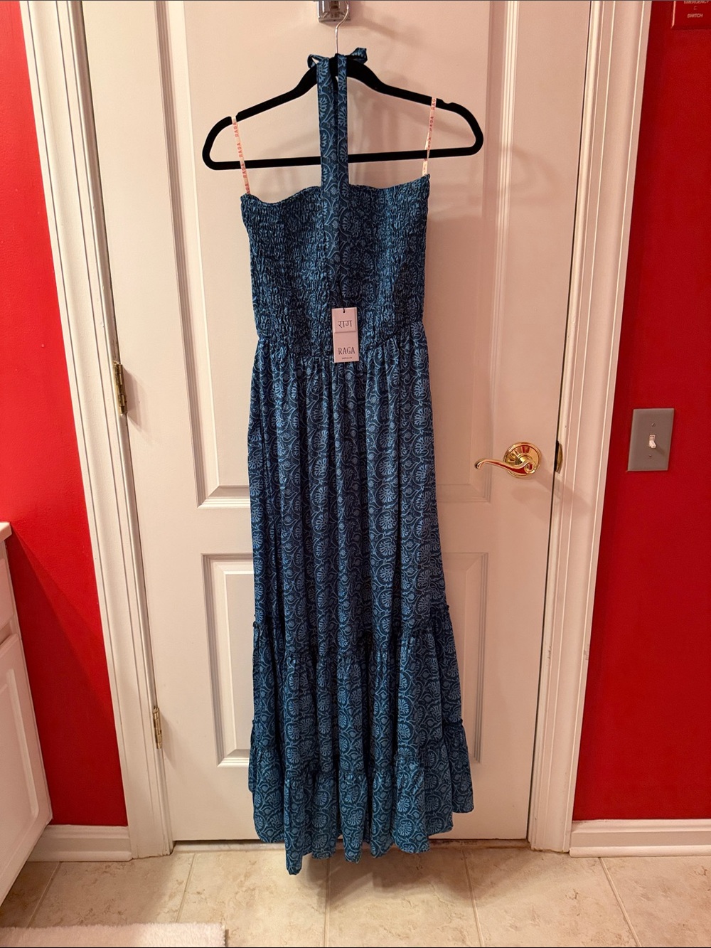 RAGA Blue and Cream Printed Smocked Maxi Dress